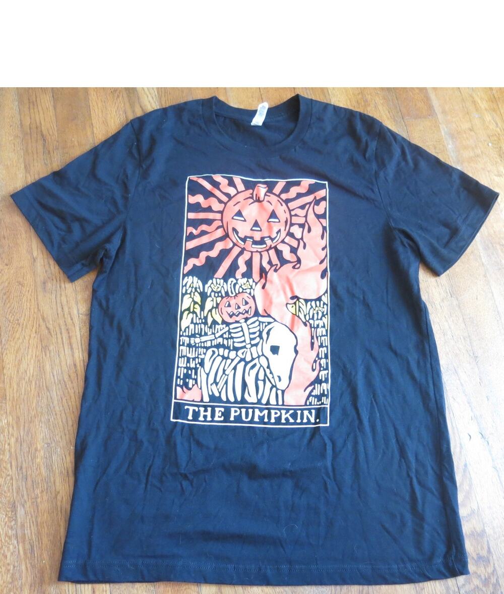 The Pumpkin Tarot Card T Shirt Size L Black Orange Skeleton Halloween Whimsygoth